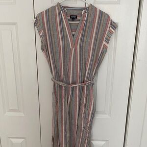 Jones New York Linen Striped V-Neck Belted Midi Dress - Multicolor